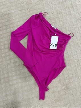 ZARA Fuchsia One-Shoulder Long-Sleeve Bodysuit